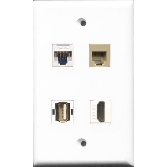 RiteAV 1 Port HDMI and 1 Port USB A-A and 1 Port Phone RJ11 RJ12 Beige and 1 Port Cat5e Ethernet White Wall Plate