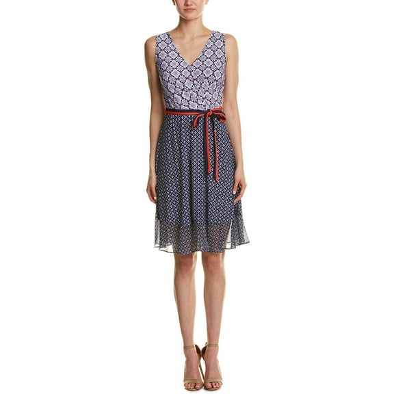 Donna Morgan Women's Wrap Front Dress with Combo Peplum Skirt, Marine Navy/Kiss Multi, 16