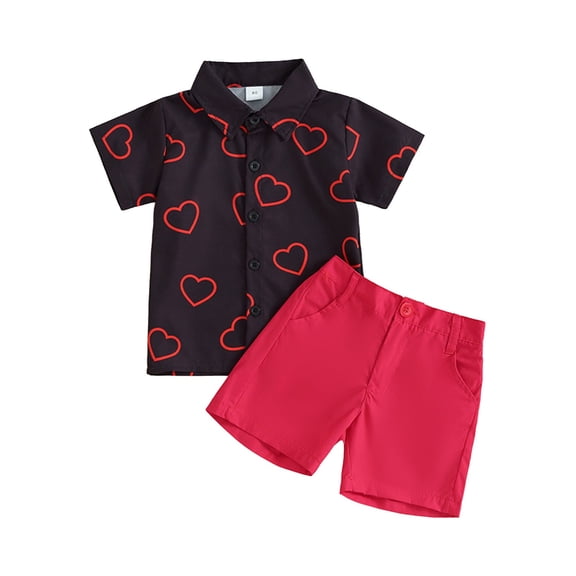 EnJoCho Baby Boy Clothes 12 Toddler Boys Lapel Heart Print Button Down Shirt Solid Color with Pockets Shorts Boy Summer Outfit Children Boy Party Clothing Sets 12-18 Months