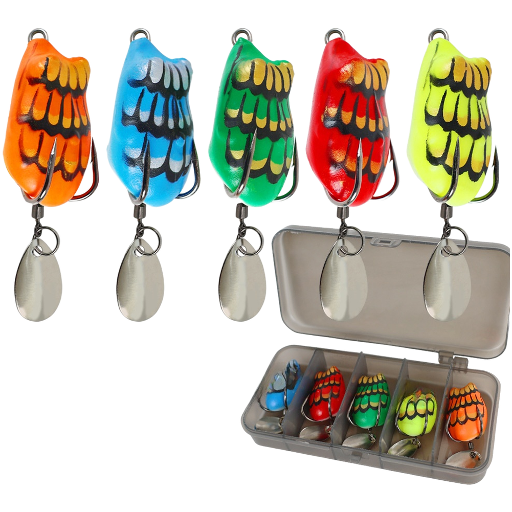 Floating Thunder Frog Lure Set 5 Pack for Topwater Bass Fishing with Realistic Movement Silicone Flexibility and Noise Generating Feature