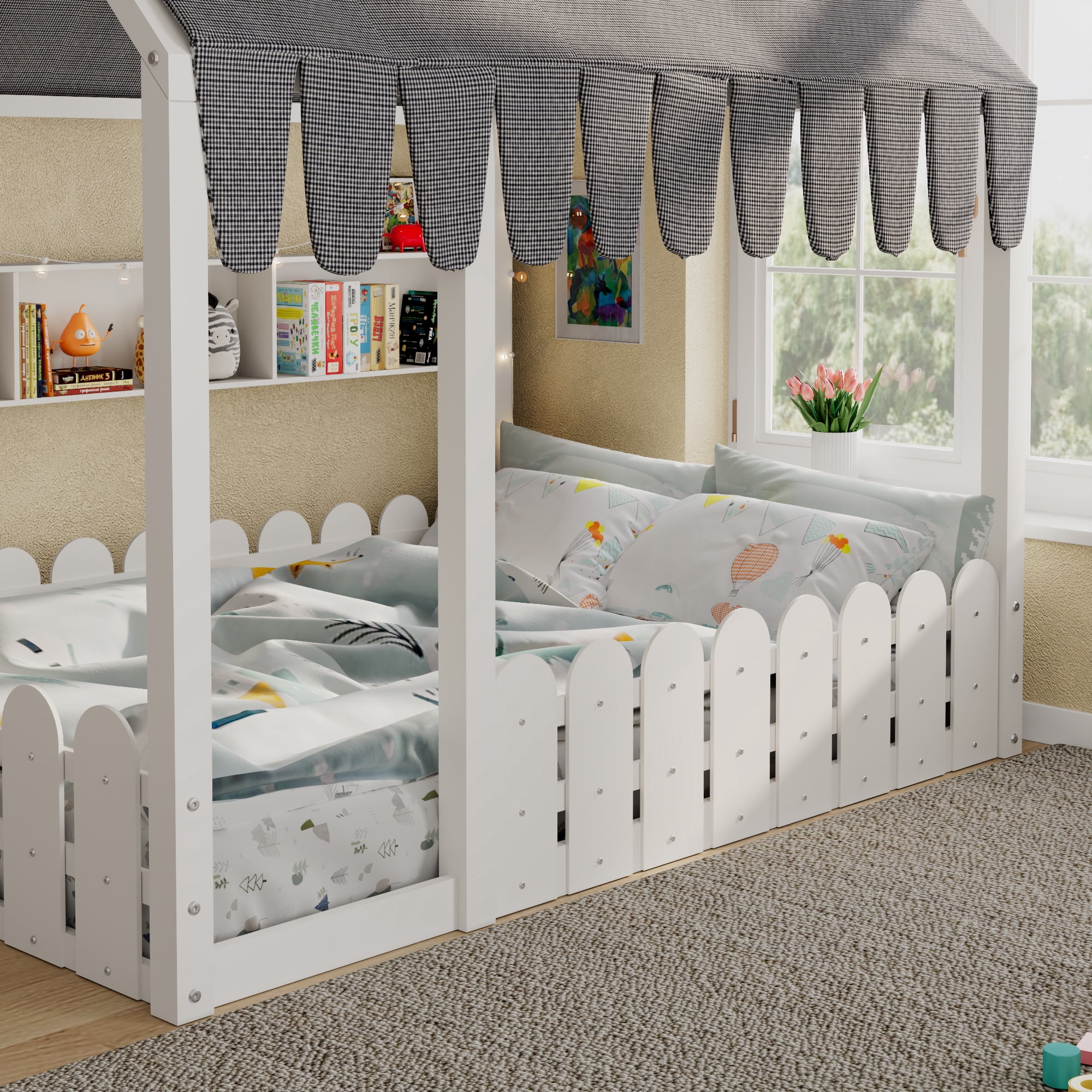 Sailvan Full Size Montessori House Bed for Kids, Floor Bed with Fence Railings, Slats not included
