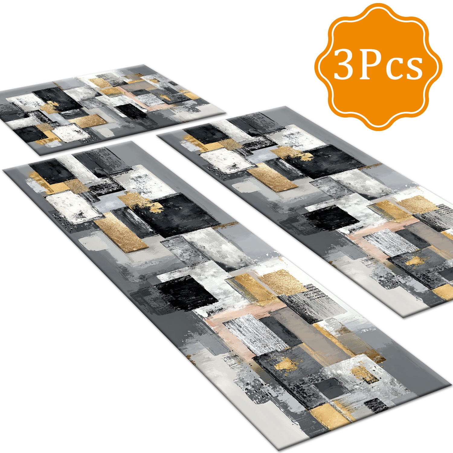 3-Piece Farmhouse Kitchen Rug Set, Washable Anti Slip Striped Floor Mats in 3 Sizes, Stain Resistant Decor Rugs for Kitchen Hallway Bathroom Home Christmas Decor