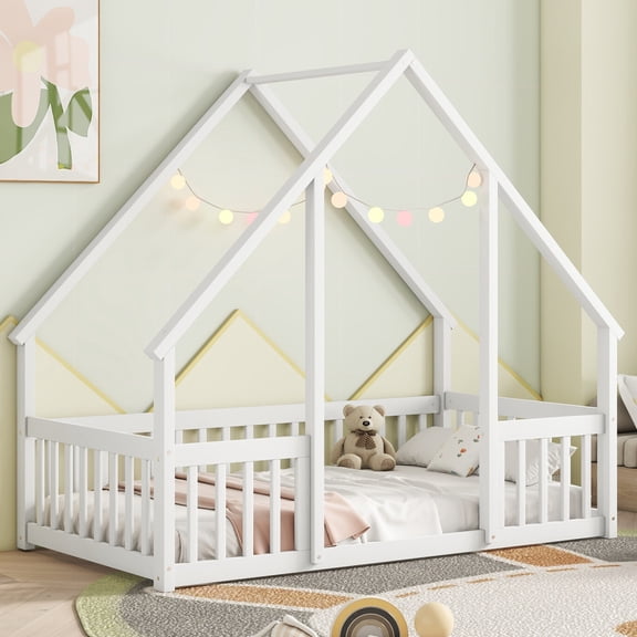 Twin Size Floor Bed, Wooden House-Shaped Bed Frame with Guardrails, Roof, Multifunctional House Bed Frame for Toddlers, Kids, Girls, Boys, Teens, Adults, White