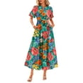 thumbnail image 2 of Delliss Women's Summer Button V Neck Short Sleeve Tiered Maxi Dress Boho Floral Print A-Line Pockets Ruffle Dress with Belt Army Green M, 2 of 6