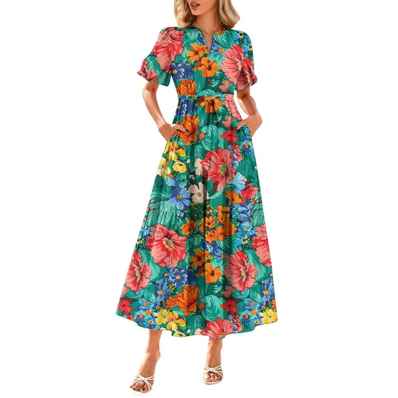 Womens 2025 Summer Casual Midi Dress Short Sleeve V Neck A Line Flowy Pleated Belted Boho Vacation Floral Long Dress