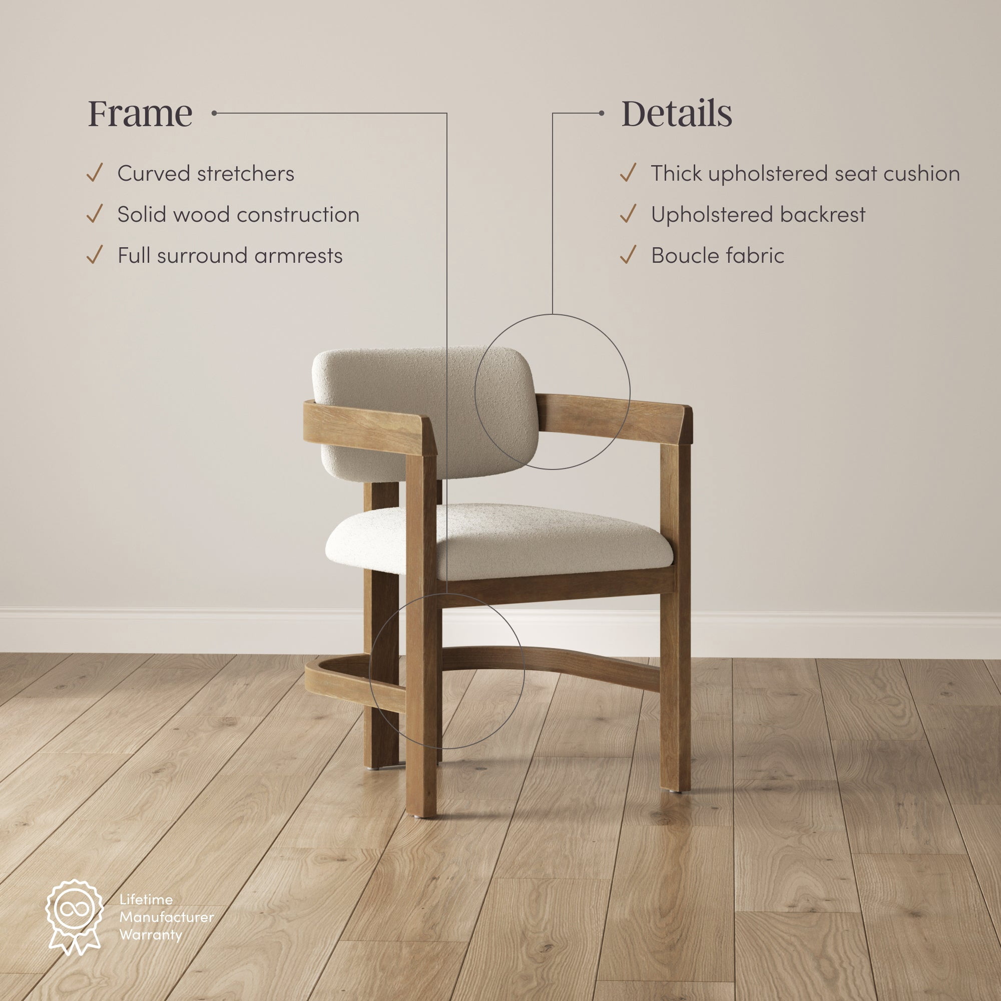 Nathan James Veya Modern Boucle Upholstered Dining Chair with Curved Back, Full Armrests, and Solid Wood Legs, Light Brown