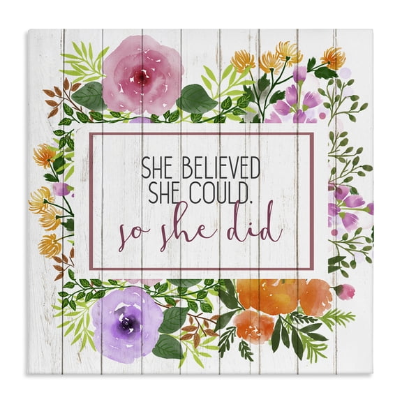 Stupell Industries Shabby Chic She Believed Flower Wreath Canvas Art, 17 x 17, by Kim Allen