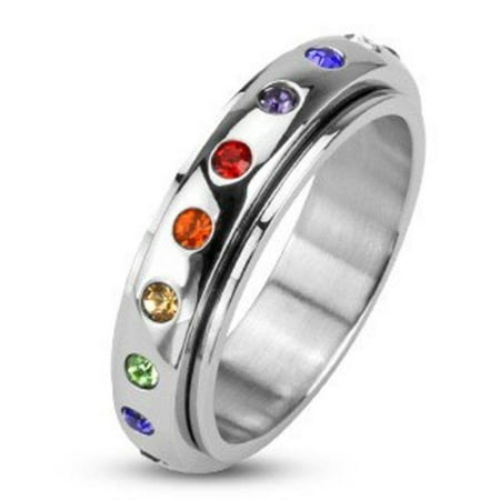 Channel Set Rainbow Gem - 316L Stainless Steel Mirror Polished Spinner Ring with Rainbow Color Gems Band