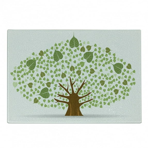 Tree Cutting Board, Fig Tree Illustration Full of Leaves Flora Themed Arrangement, Decorative Tempered Glass Cutting and Serving Board, Small Size, Green Brown White, by Ambesonne