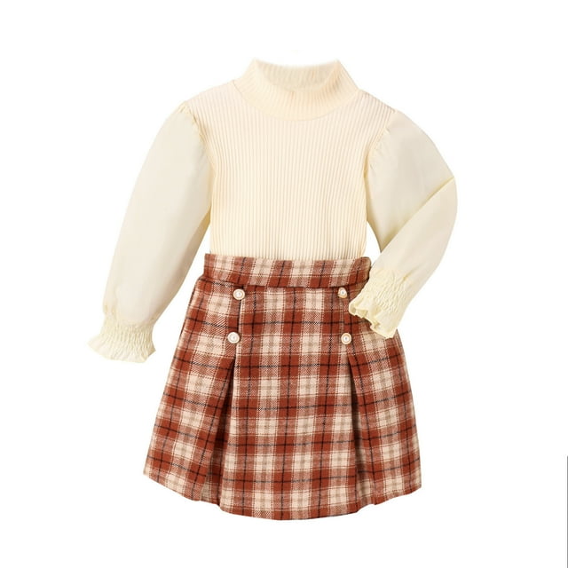 Gibobby Conjunto para bebé y niño Ropa para niños Otoño Invierno niñas moda manga larga Top falda escocesa plisada traje para niños(Beige, 6 Y)