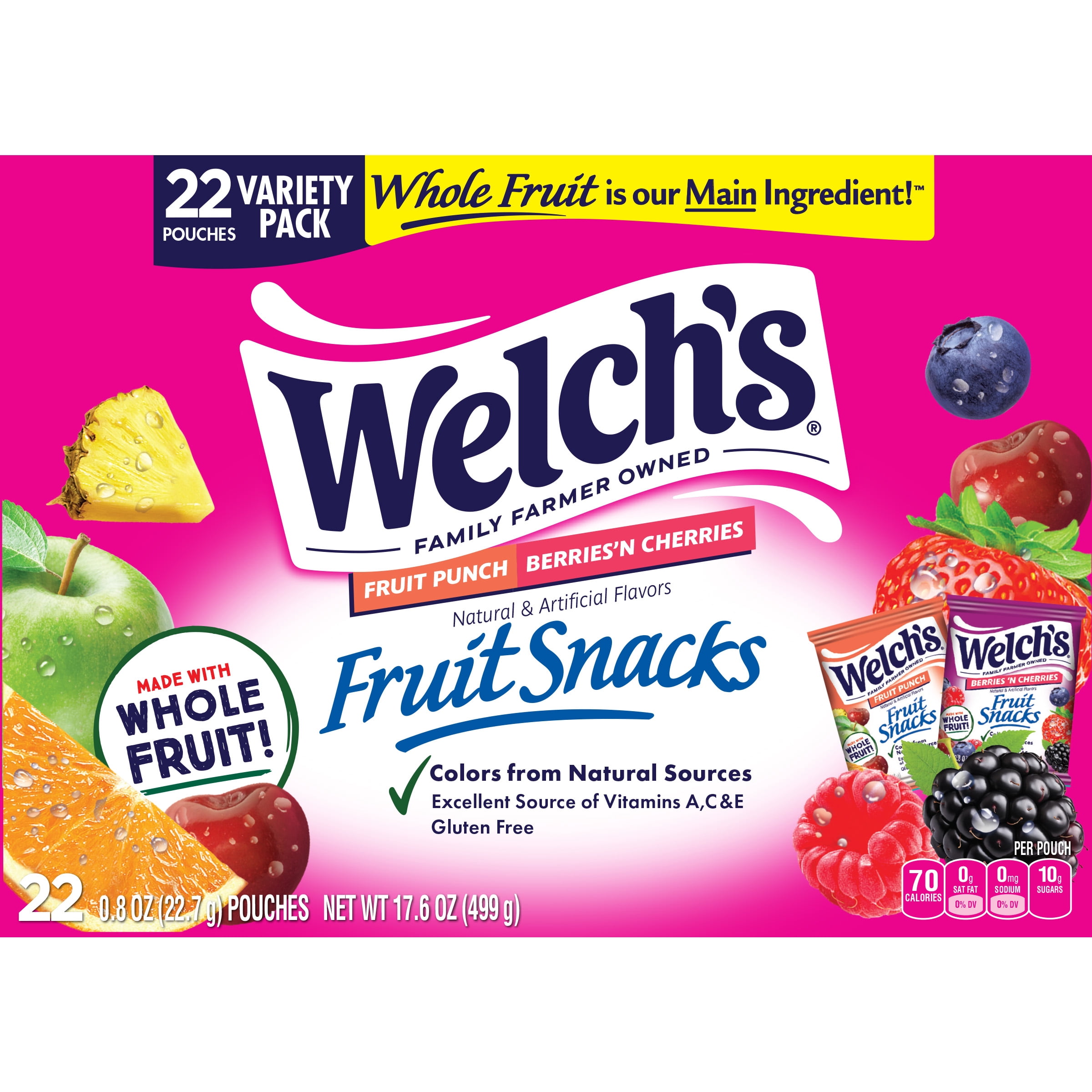 Welch's Fruit Snacks Gluten-Free Fruit Punch & Berries 'N Cherries Soft Fruit Snacks, .8 oz (132 pack)