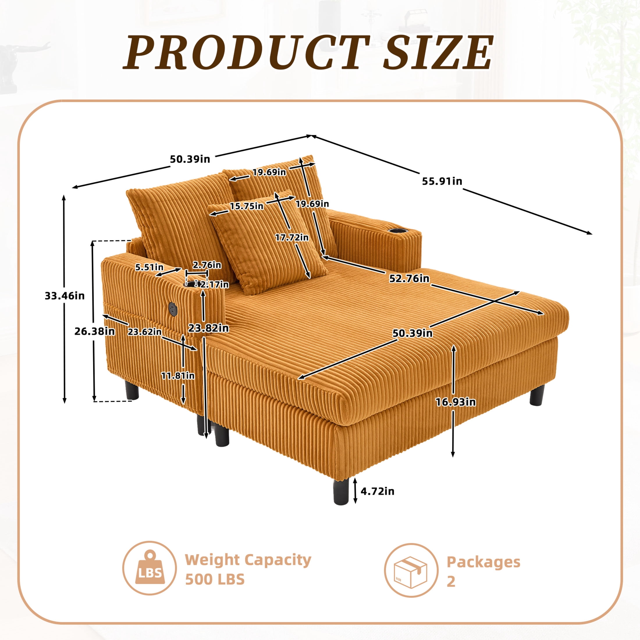 Noble House Oversized Corduroy Recliner Sofa, Deep Seat Chaise Lounge with Pillows for Living Room/Bedroom, Mustard Yellow