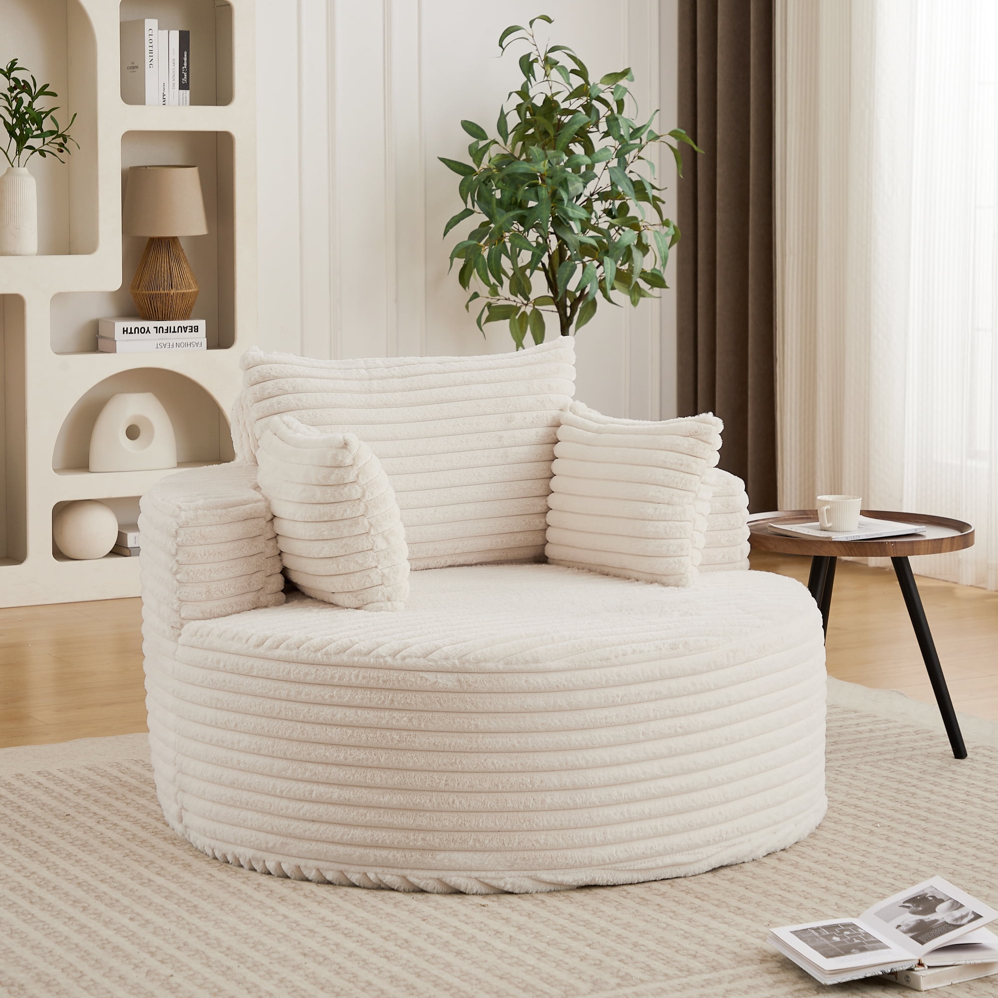 Leumius Corduroy Sponge Single Sofa,Fluffy Modern Sleeper Chair for Living Room, Bedroom, Lounge and Projection Room No Assembly Required Beige