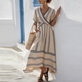 thumbnail image 5 of ClodeEU Women's Striped V Neck Short Sleeve Wrap Maxi Dress with Flared Hem ,Casual Loose Trendy Long Dress Beige,Womens Plus S, 5 of 6