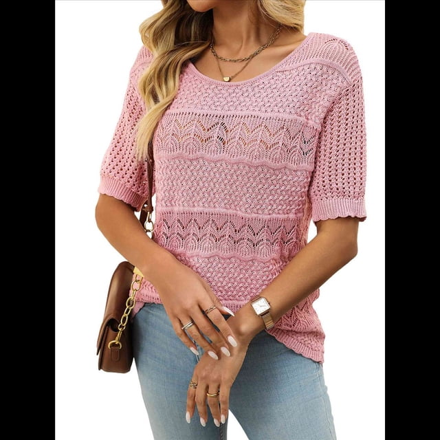Suéteres de Punto de Cuello Redondo y Corta para Mujer, de Verano, Color Rosa, Talla S