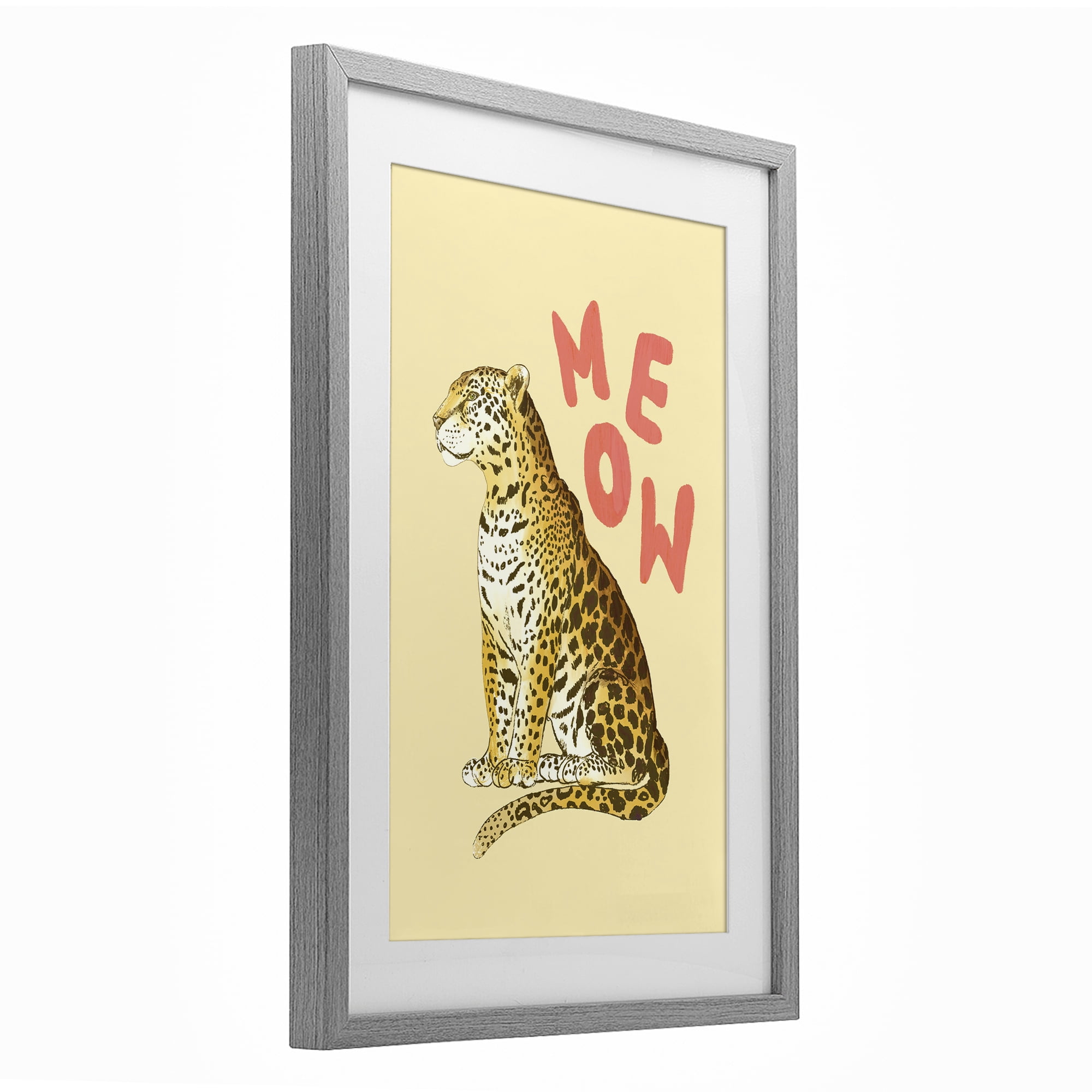 Stupell Industries Meow Leopard on Yellow Gray Framed Print Under Glass, design by Florentina Dolci