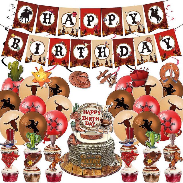 West Cowboy Themed Birthday Party Supplies Set Decors Balloons Banner Cake Toppers Kits