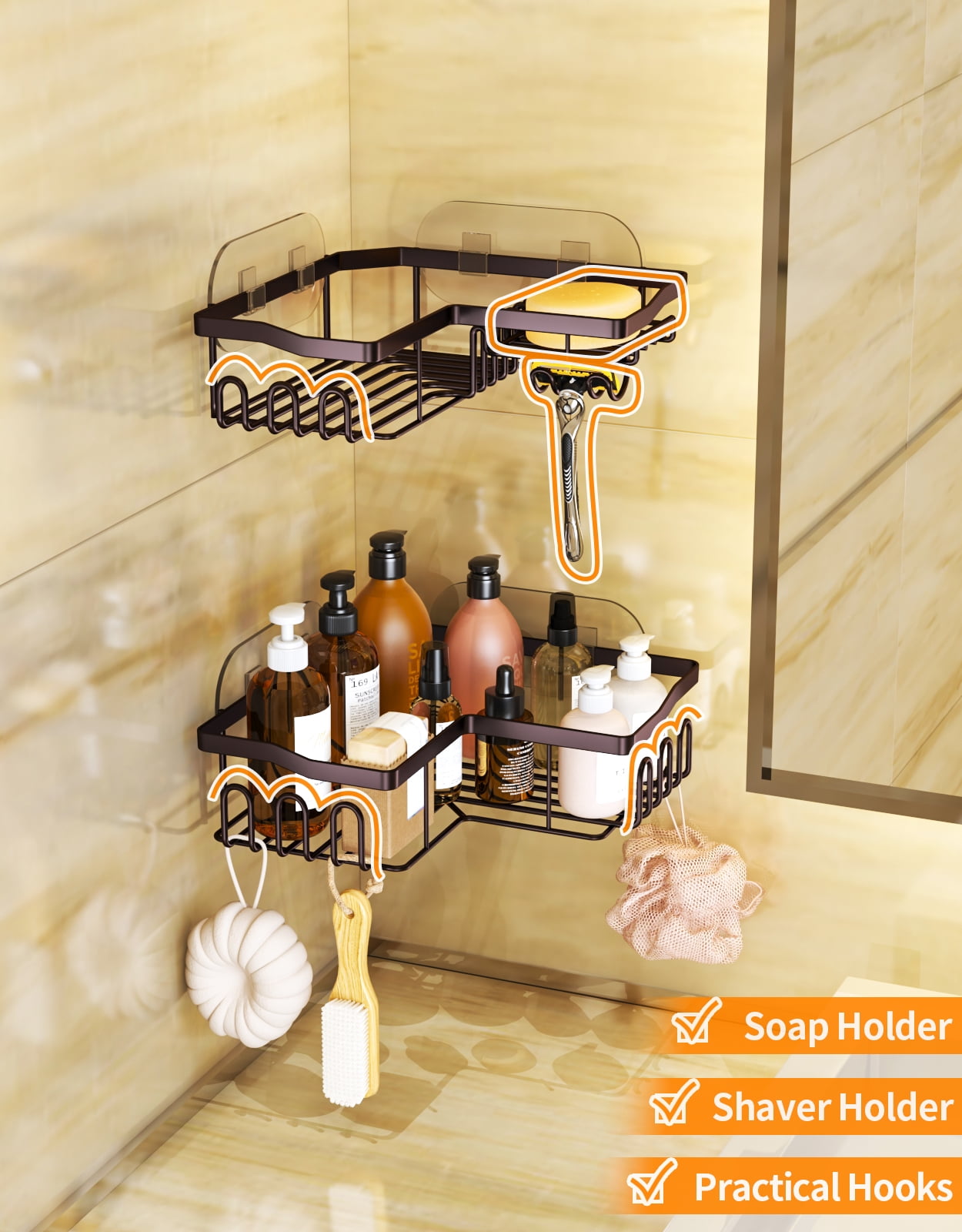 HapiRm Corner Shower Caddy with Shampoo Holder, 2-Pack Shower Organizer  Shower Storage Shelf with 11 Hooks, No Drilling Rust Proof Stainless Steel  Shower Basket Shelves with 6 Pack Adhesives.(Bronze) 