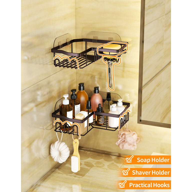 HapiRm Corner Shower Caddy with Shampoo Holder, 2-Pack Shower Organizer Shower Storage Shelf with 11 Hooks, No Drilling Rust Proof Stainless Steel
