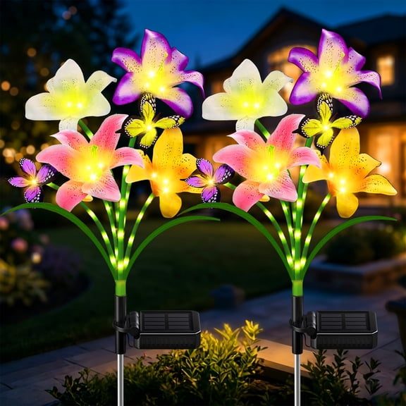 Rirool Solar Lily Flower Garden Stake Lights with Butterfly Decor, 8 Heads Warm White Solar Lights Outdoor Waterproof for Yard Lawn Patio Landscape, 2 Pack