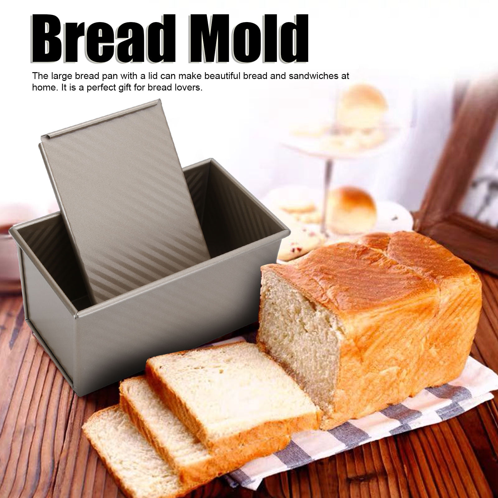 Tebru Bakeware,Bread Baking Mold,Bread Mold Box Golden Household Non‑Stick  Bakeware Baking Mold with Cover Kitchen Supplies 
