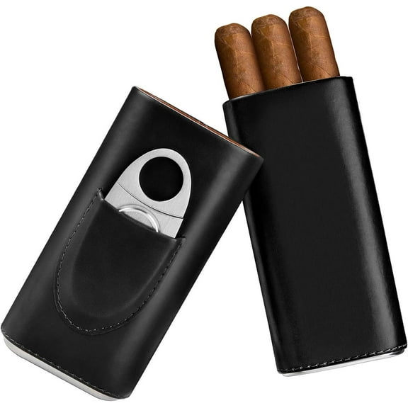 Premium 3- Finger Brown Leather Cigar Case, Cedar Wood Lined Cigar Humidor with Silver Stainless Steel Cutter