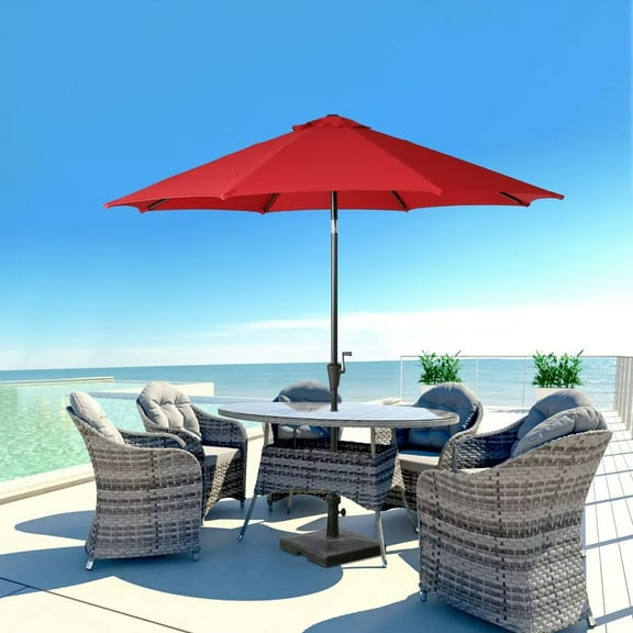 Iwicker 9Ft Sunbrella Patio Umbrella Outdoor Aluminum Market Umbrella with Crank and Push Button Tilt, Red