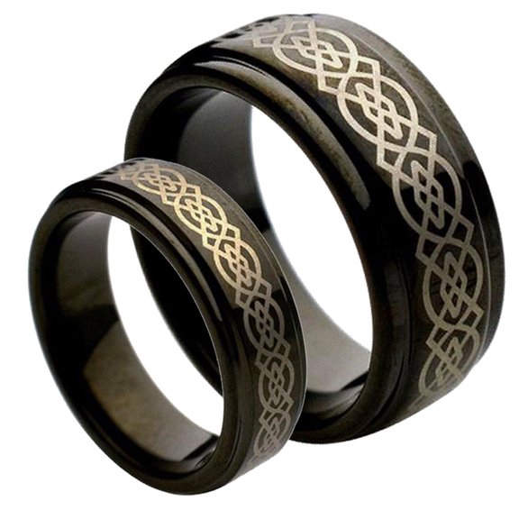 Matching Mens and Ladies Black Laser Etched Celtic Design Tungsten Carbide Wedding Band Ring Set