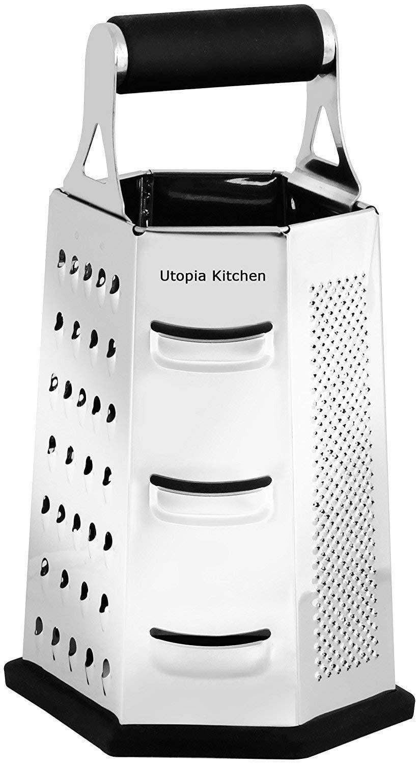 Rubber Handle Non Slip Rubber Bottom by Utopia Kitchen Cheese-Grater-Vegetable-Slicer Stainless Steel 9.5 Inch Height 6-sides 