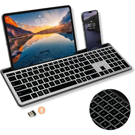 X9 Full Size Bluetooth Keyboard with Phone Holder – Backlit Wireless Keyboard Switch Multi Device Quiet Slim Rechargeable w/Copilot for iPhone Tablet PC Mac iPad MacBook iOS – Gray