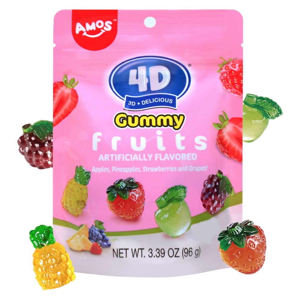 AMOS 4D Gummy Candy With Fruity Juice 3D Gummy Fruit Mixed Strawberry  Pineapple Grape Apple for Easter Day Party Fruit Candy Decoration 3.39Oz  Per