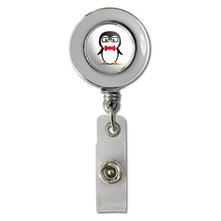 Badge Reel Clips Cartoon Penguin with Bow Tie and Glasses Retractable Reel Chrome Badge ID Card Holder Clip ()
