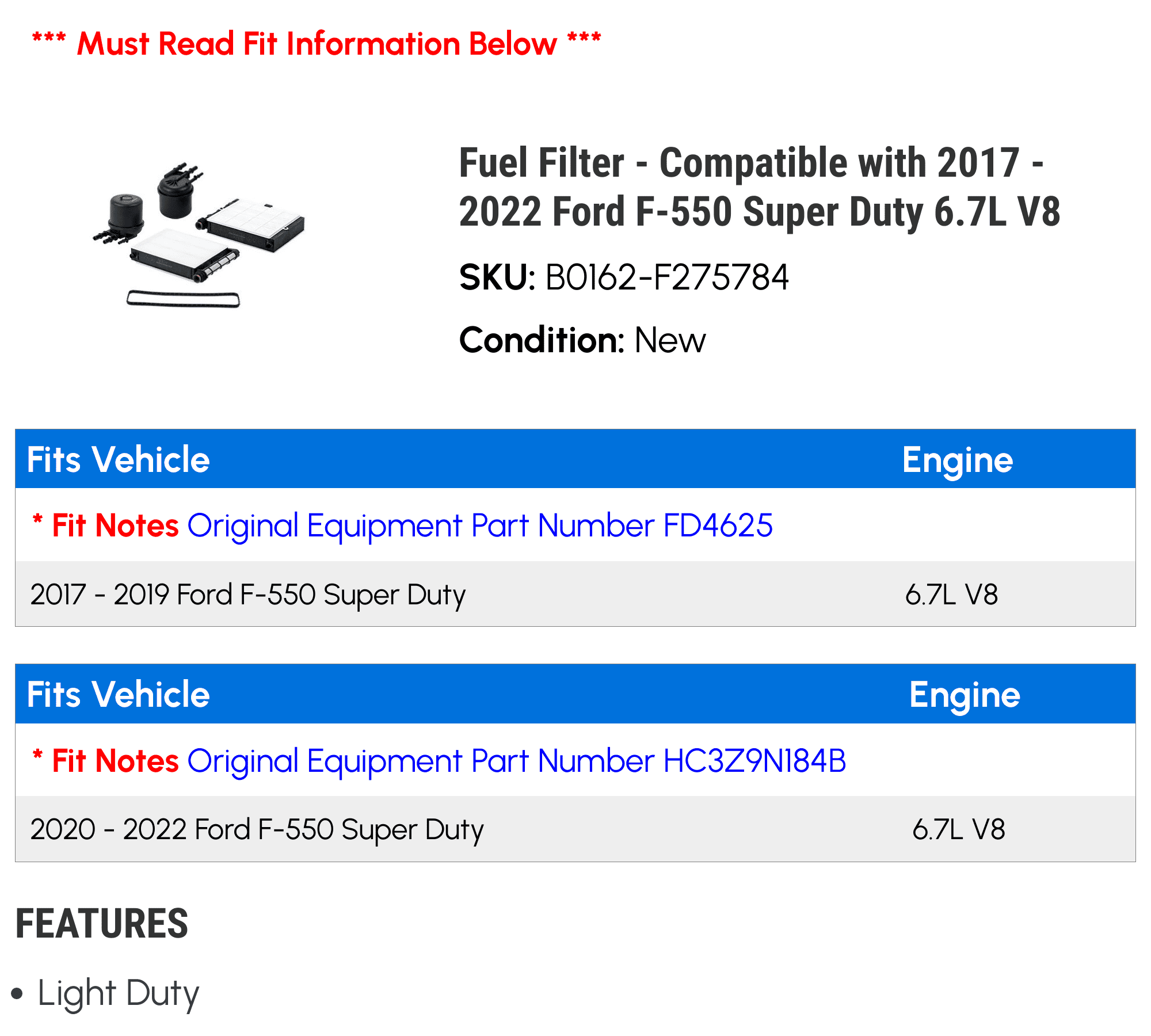 Fuel Filter - Compatible with 2017 - 2022 Ford F-550 Super Duty 6.7L V8 2018 2019 2020 2021