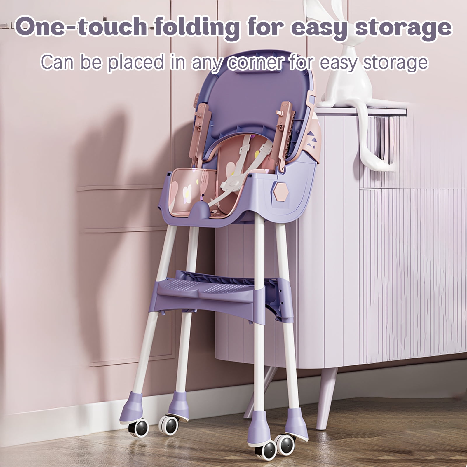 HDUTNGISN 4-in-1 Foldable Baby High Chair with 5-Point Harness, Double Plates & Toy Rack, Purple