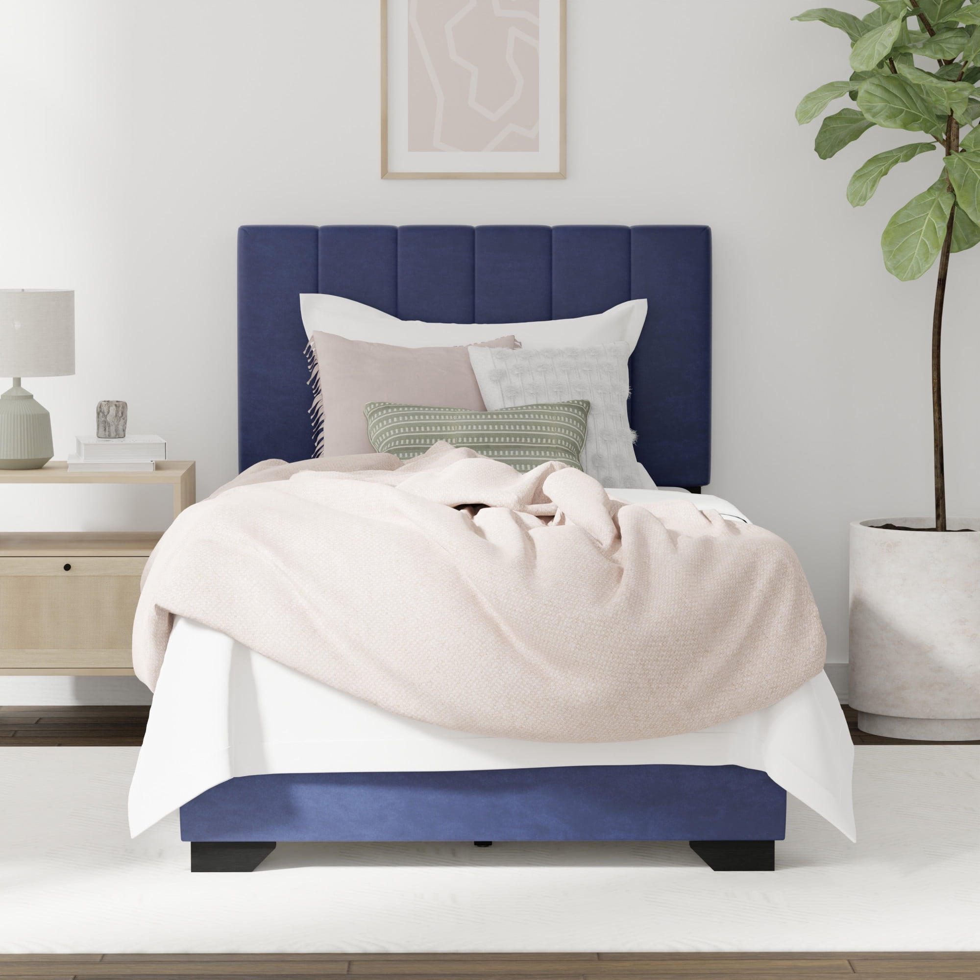 Reece Channel Stitched Upholstered Twin Bed, Sapphire, by Hillsdale Living Essentials