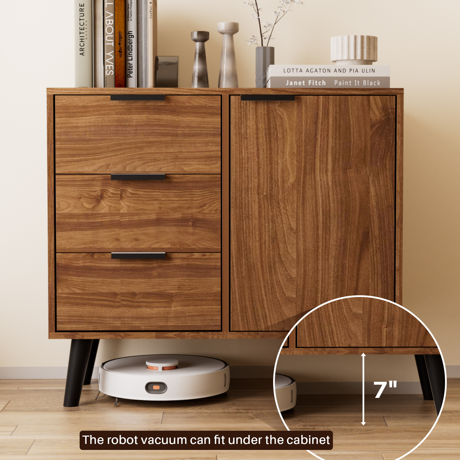 Msutree Buffet Sideboard Cabinet with Storage, Mid-Century Storage Cabinet with 3 Drawers and 1 Door, Kitchen Pantry Cabinet, Freestanding Accent Storage Cabinet for Living Room, Entryway