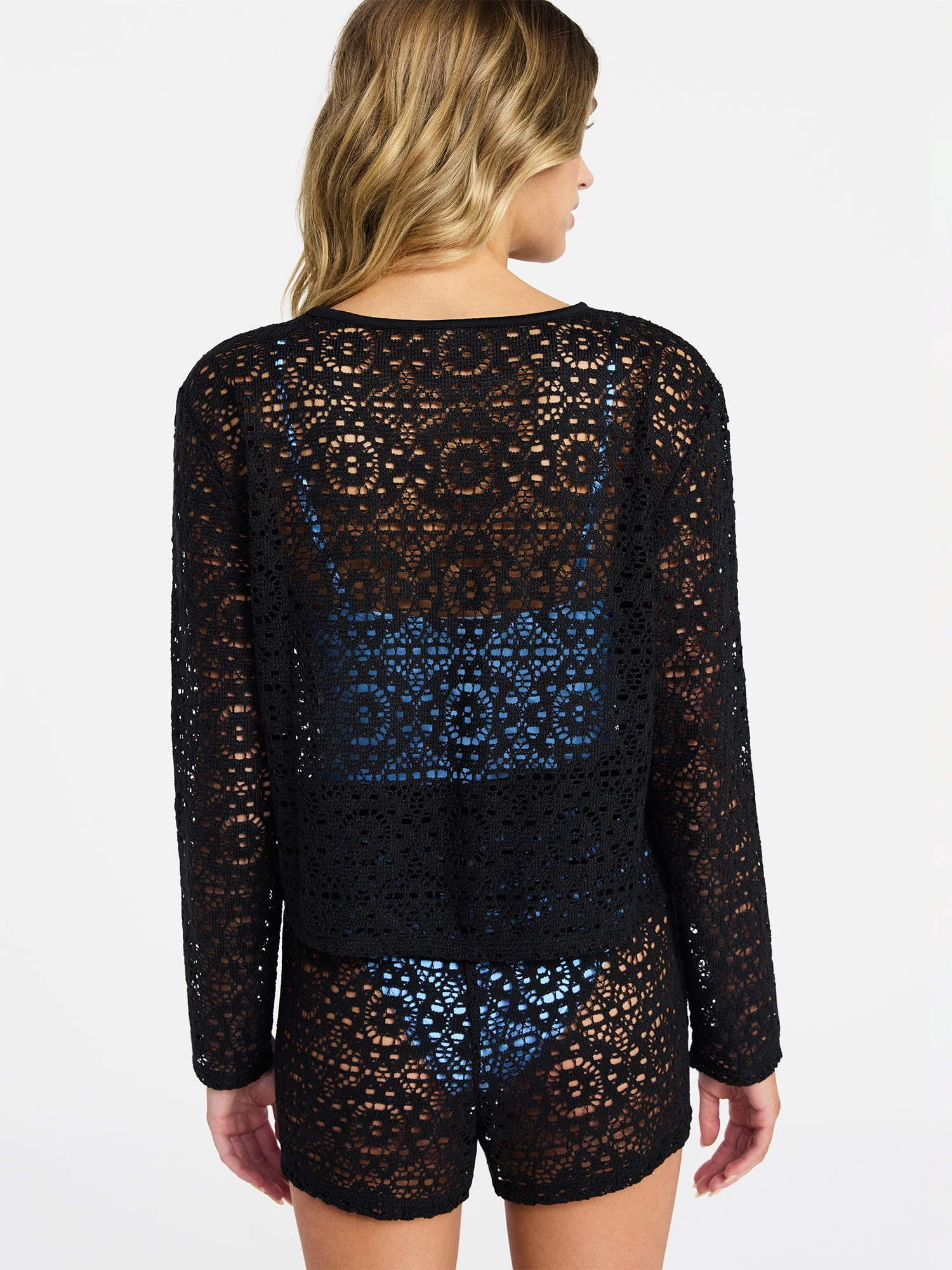 No Boundaries Crochet Coverup Top with Long Sleeves, Women's XXS-XXL