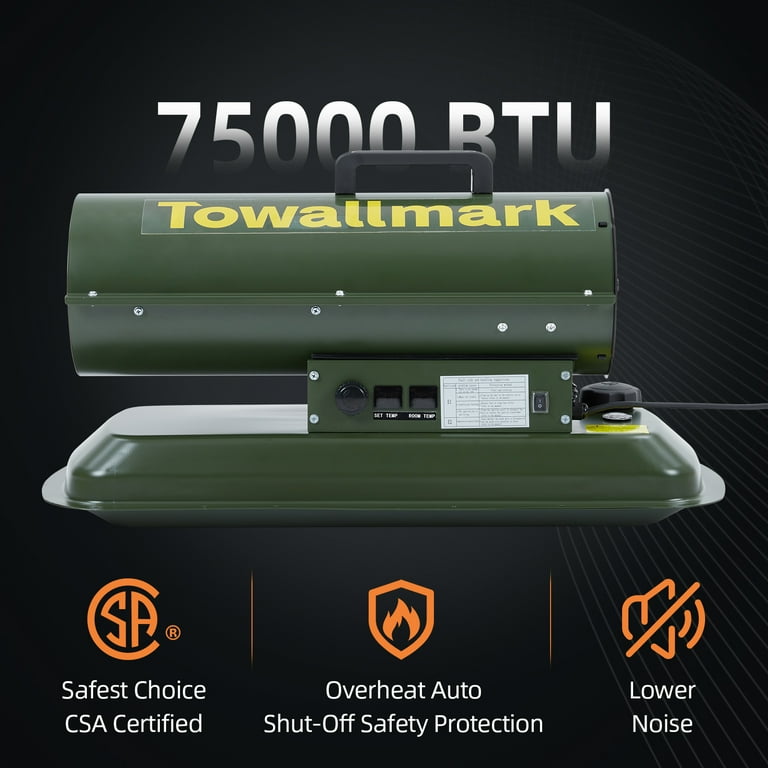75,000 BTU Forced Air Diesel Heater u0026 Kerosene Heater, Torpedo Space Heater  with Thermostat Temperature Control, Portable for Outside, Jobsite, Garage  and Construction Sites - Walmart.com