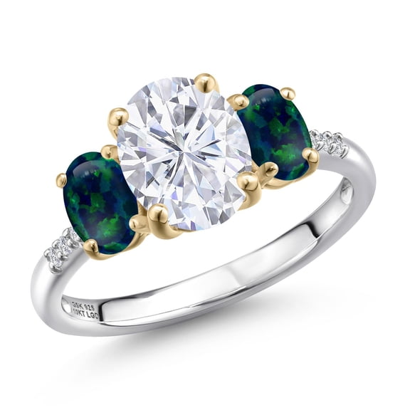 Gem Stone King 925 Silver and 10K Yellow Gold White Moissanite and Simulated Green Opal and Lab Grown Diamond Engagement Ring for Women | 3.16 Cttw | Oval 9X7MM | Birthstone | Size 9