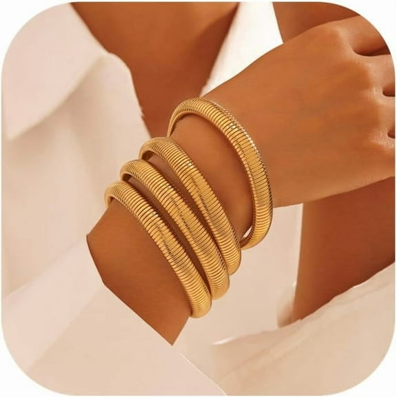 Chunky Gold Bangles Bracelets for Women 18K Gold Plated Stainless Steels Stretch Bangles Flexible Wide Wristband Link Chain Cuff Bracelets Trendy Jewelry Gift
