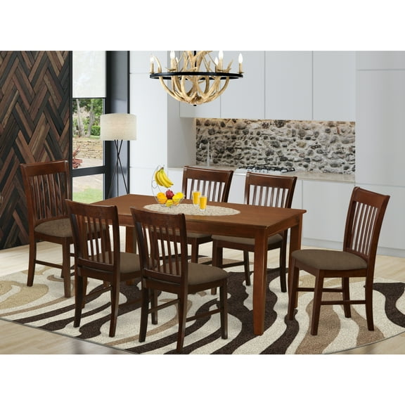 East West Furniture Dudley 7-piece Wood Dining Set with Linen Seat in Mahogany