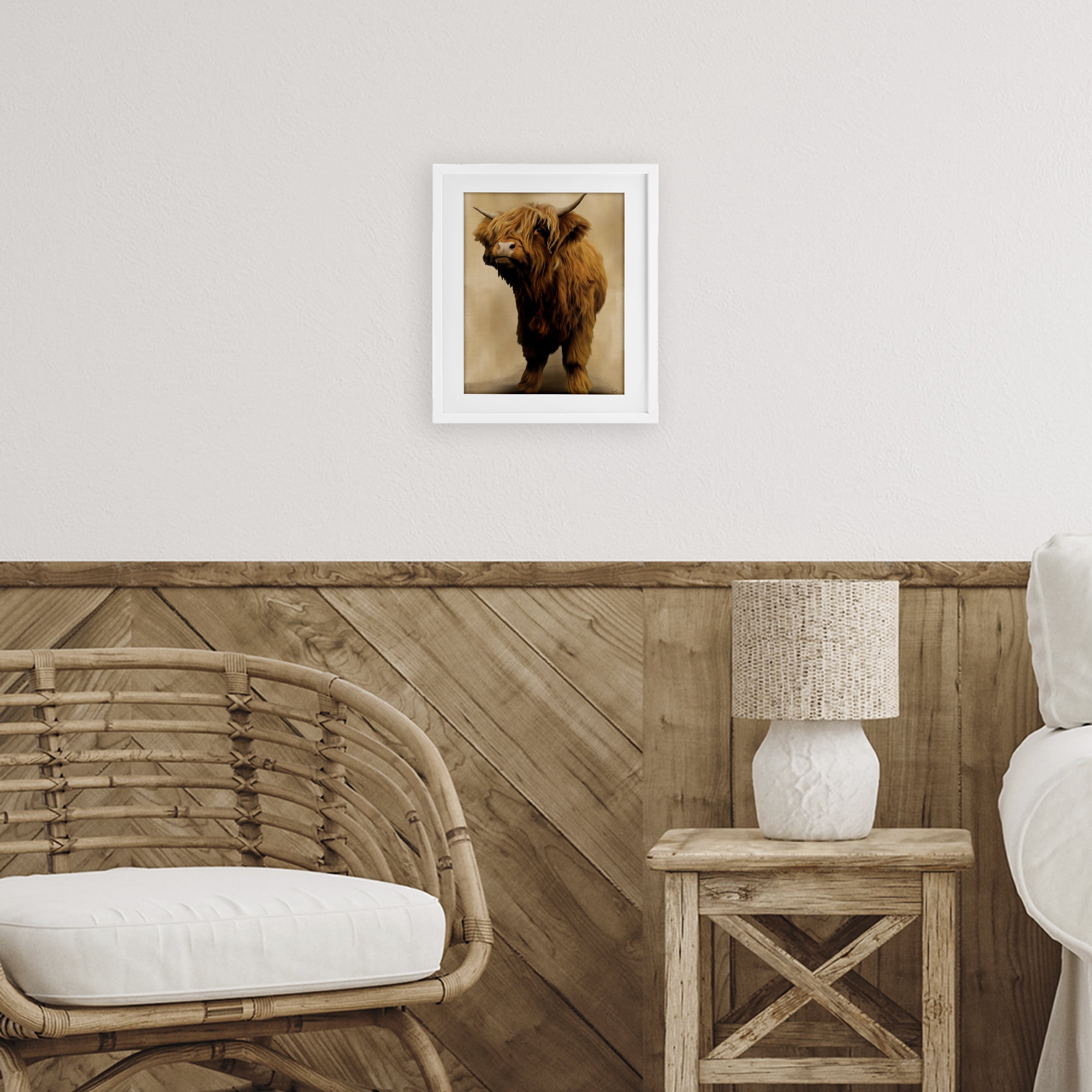 Stupell Industries Mini Highland Cow on Neutrals White Framed Print Under Glass, design by Renel Peters