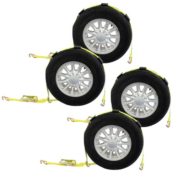 Car Carrier Wheel Strap w/ Wire Hooks & Adj Rubber Blocks & Ratchet