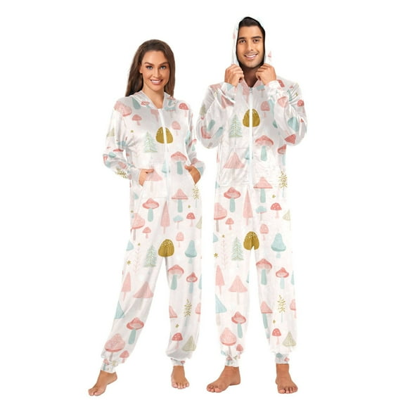 Adult Christmas Onesie Christmas Mushrooms Zipper One-Piece Pajamas Unisex with Pockets