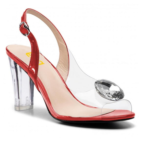 FSJ Women Peep Toe Crystal Slingback Pumps Buckle Transparent Chunky High Heels Fashion Party Date Heeled Sandals Size 8 Red