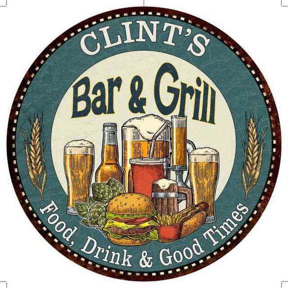 CLINT'S Bar and Grill 14" Round Metal Sign Kitchen Wall Decor 100140023141