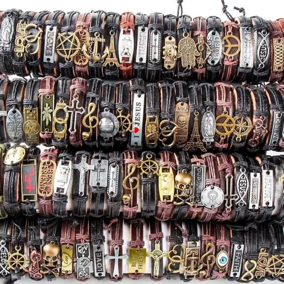 HOOUN Wholesale lots 30pcs Mixed Styles Vintage Alloy leather Cuff Bracelets Jewelry