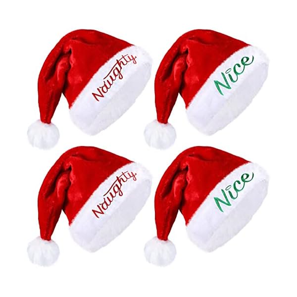 wonima02 4 Pieces Naughty and Nice Plush Christmas Santa Hats Embroidered Plush Xmas Hat for Adults Women Men Christmas Party Supplies