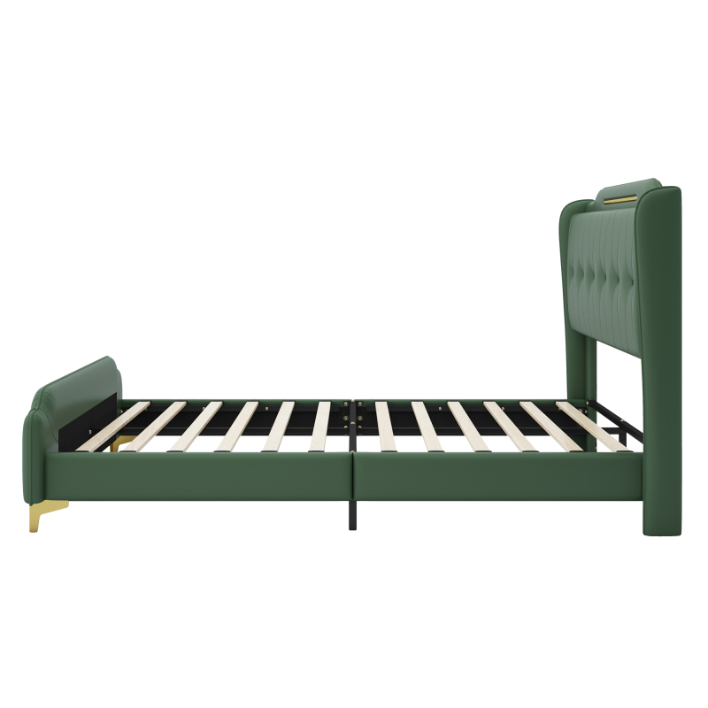 [Luckynote]Queen Size Leather Bed frame with Wingback Headboard & Footboard, PU Upholstered Platform bed, Solid Wooden Slats Support, Easy Assembly
