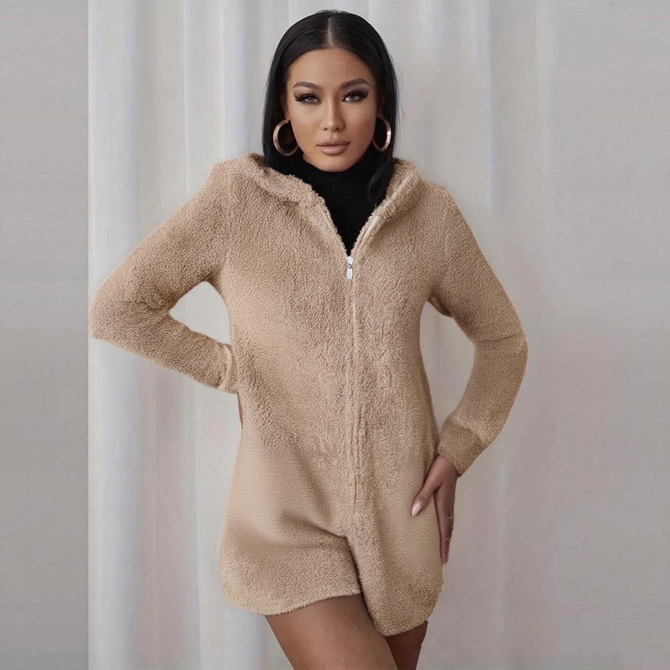 Long Sleeve Adult Onesie Pajamas New Women's Warm Hooded Ears Hooded Jumpsuit Long Sleeve Shorts Zipper Jumpsuit Pocket Sleepwear Home Clothes Style B-4 Khaki XXL